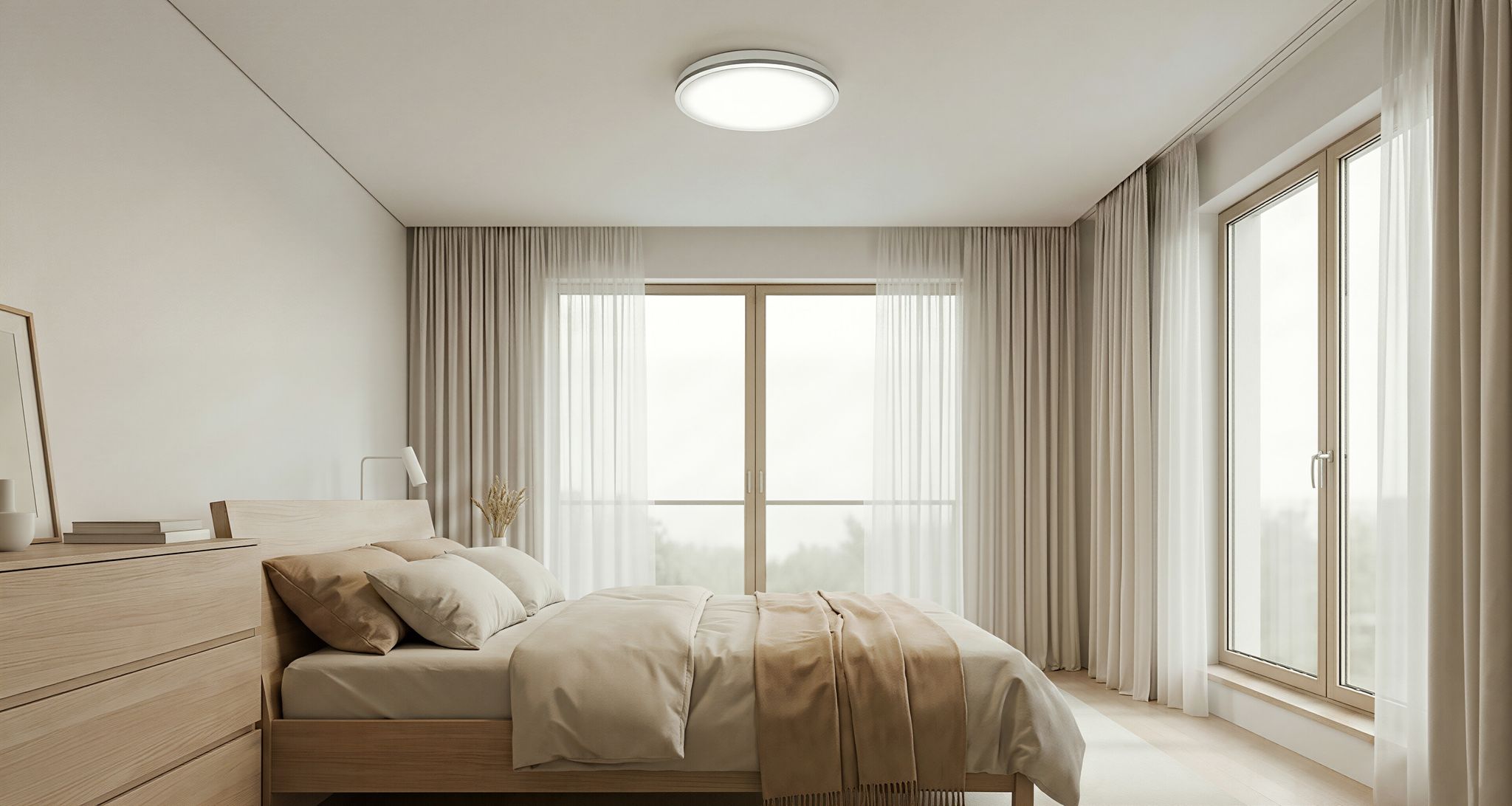 Bright bedroom with full-power daytime white light from RESTAZ ceiling fixture