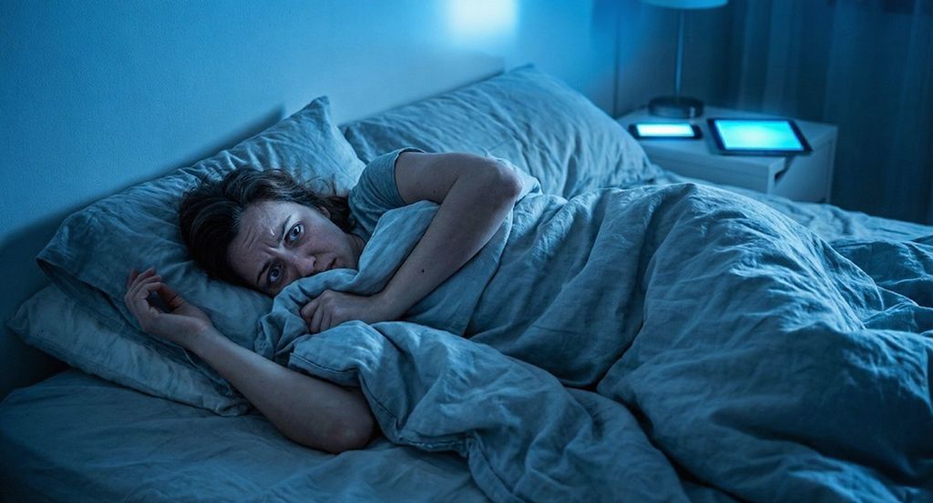 Person struggling to sleep with blue light exposure - showing melatonin suppression