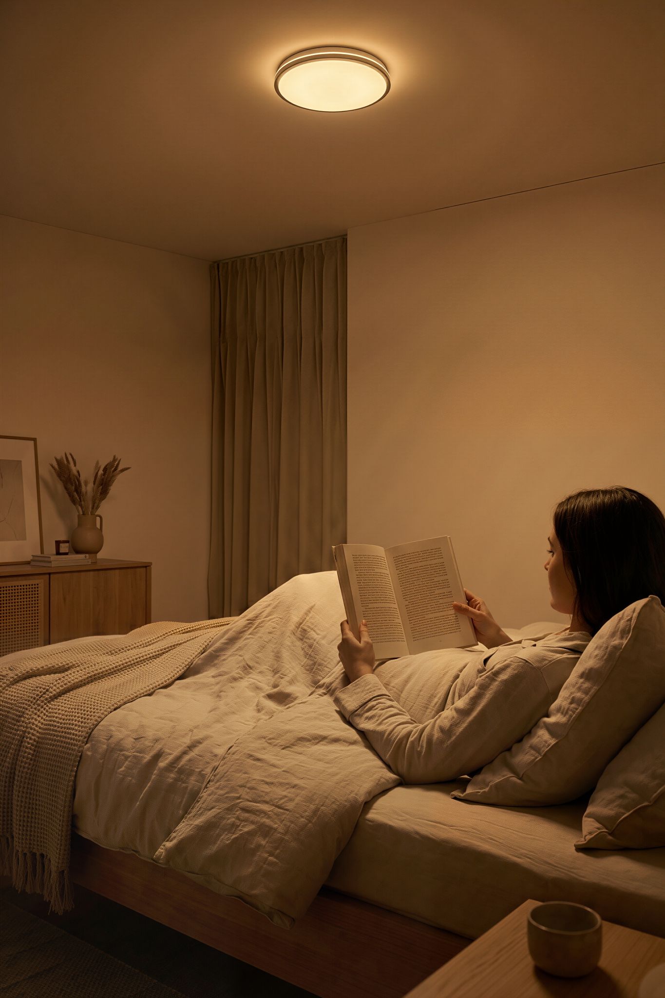Person comfortably reading book in bedroom with warm amber light from RESTAZ ceiling light