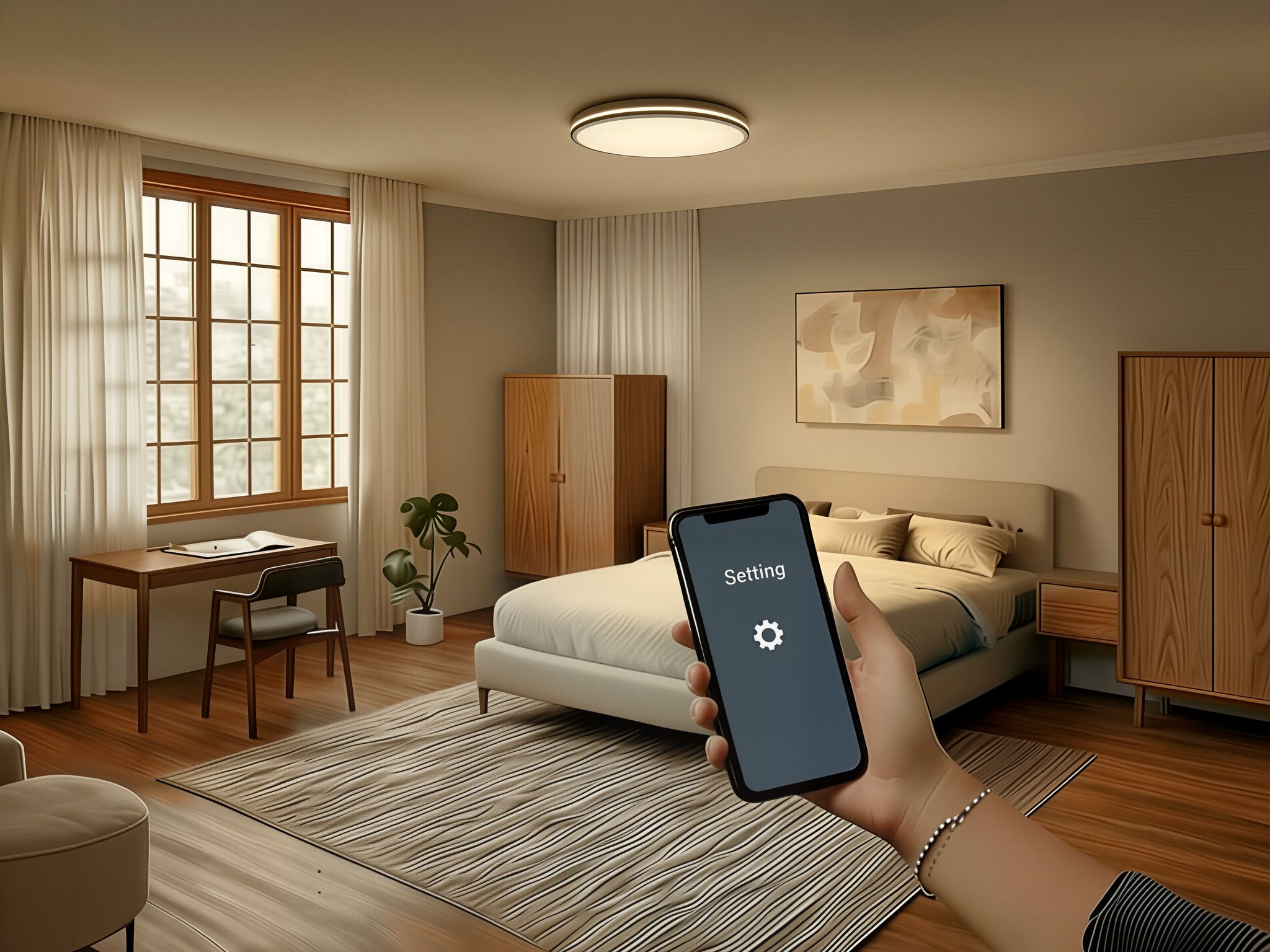 RESTAZ smartphone app interface showing set it once and autorun forever feature - automatic daily lighting schedule without manual intervention