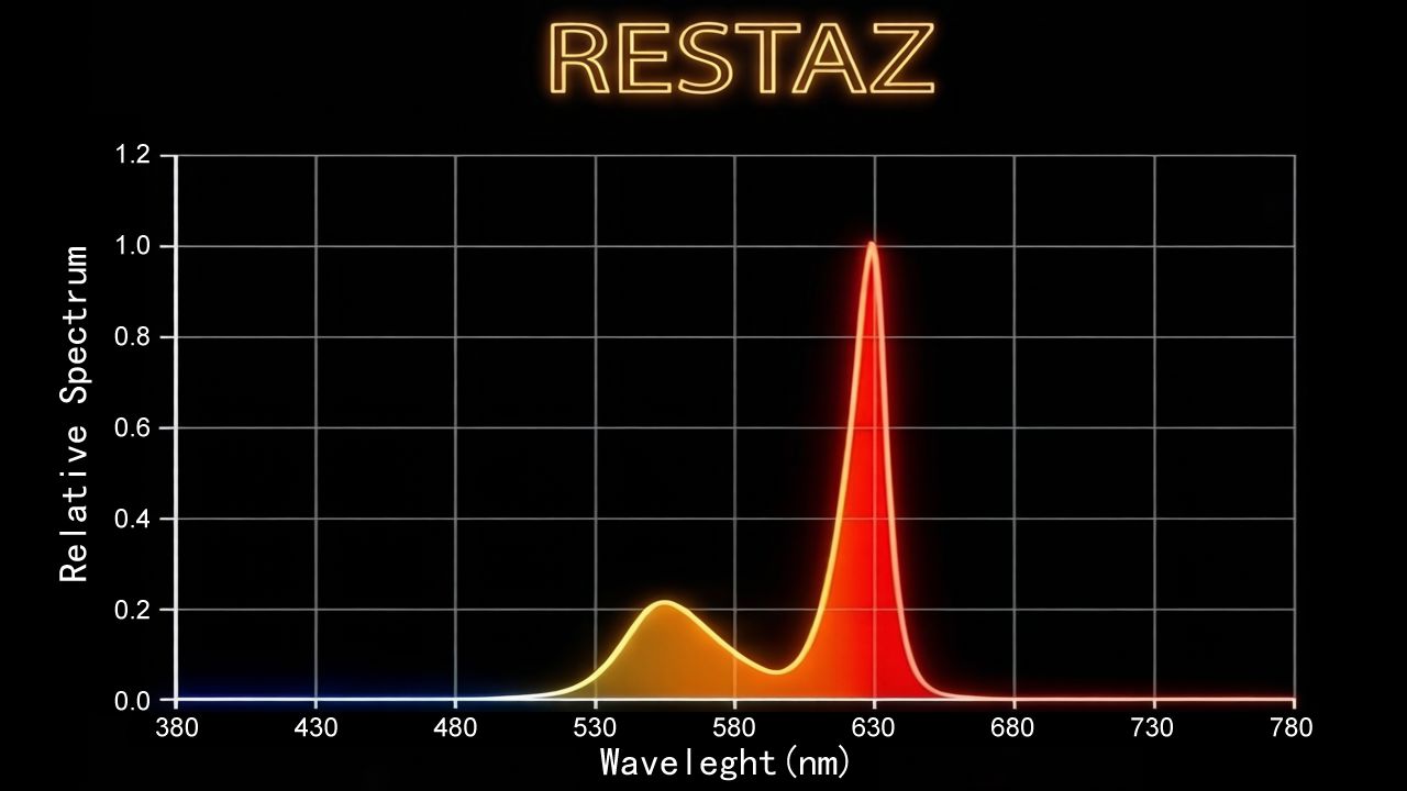 Light spectrum diagram showing zero blue light emission from RESTAZ amber LEDs