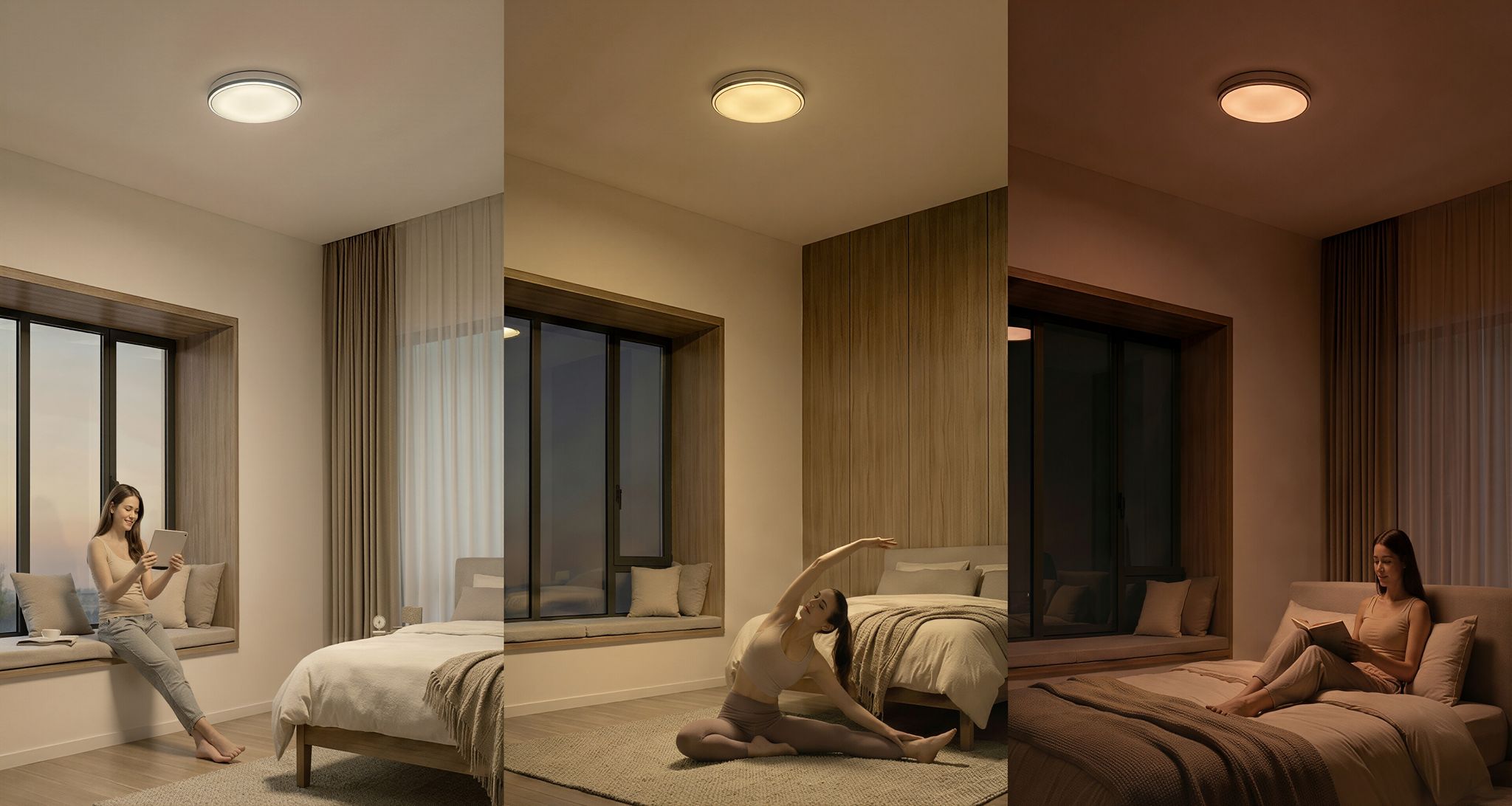Three scenarios demonstrating white light for reading, warm yellow for reading, and amber light for yoga - showing RESTAZ versatility throughout the evening