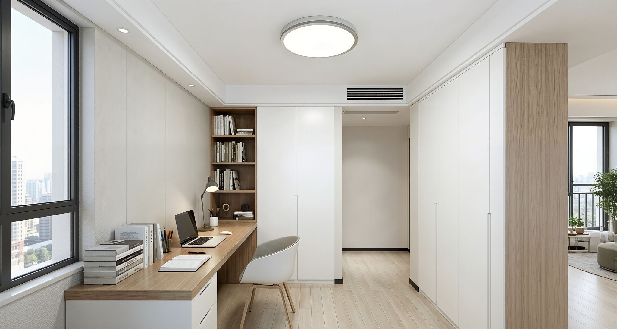 Bright white light from RESTAZ ceiling light fully illuminating reading room during daytime - demonstrating full-power main light capability