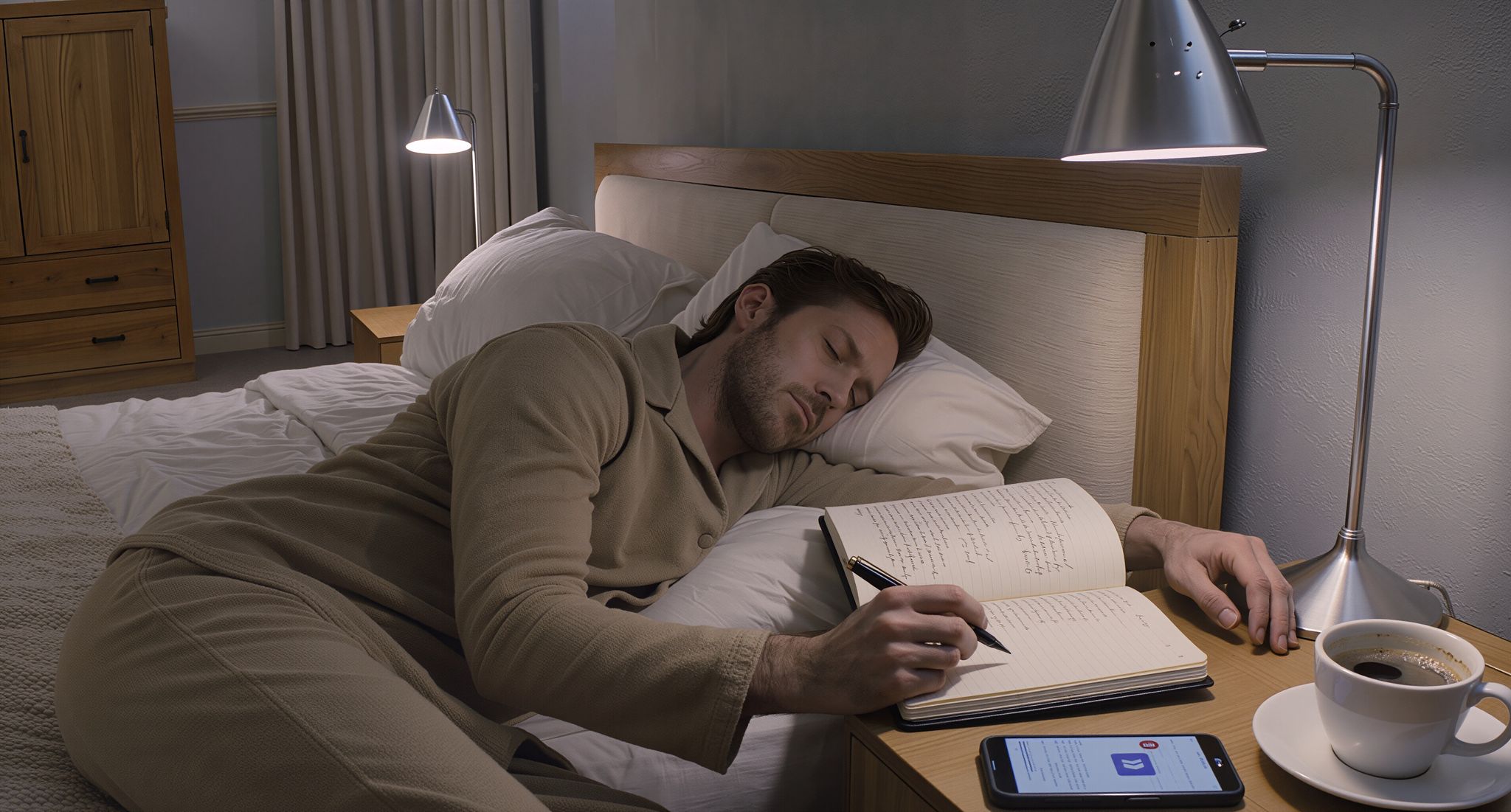 Person working late at night under bright white ceiling light, struggling to fall asleep due to excessive blue light exposure